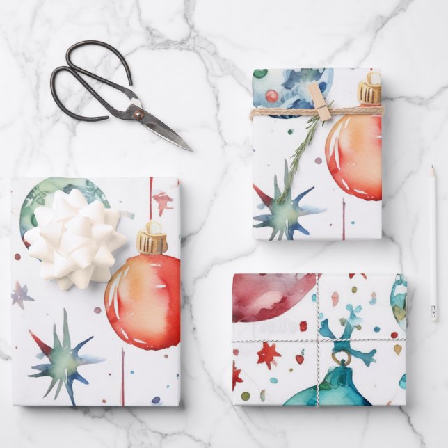 Elegant White & Gold Christmas Balls Wrapping Paper Sheet (Front)