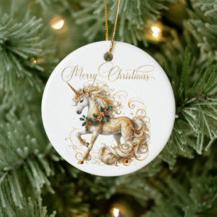 Elegant White & Gold Christmas Unicorn Ceramic Tree Decoration