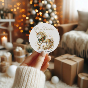 Elegant White & Gold Christmas Unicorn Classic Round Sticker