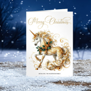 Elegant White & Gold Christmas Unicorn Holiday Card