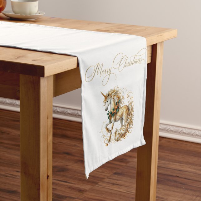 Elegant White & Gold Christmas Unicorn Long Table Runner (In Situ)