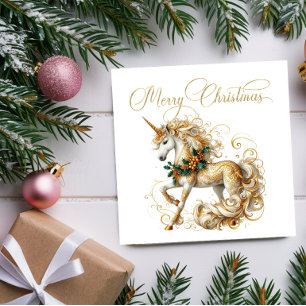 Elegant White & Gold Christmas Unicorn Square Paper Coaster