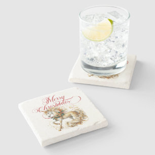 Elegant White & Gold Christmas Unicorn Stone Coaster
