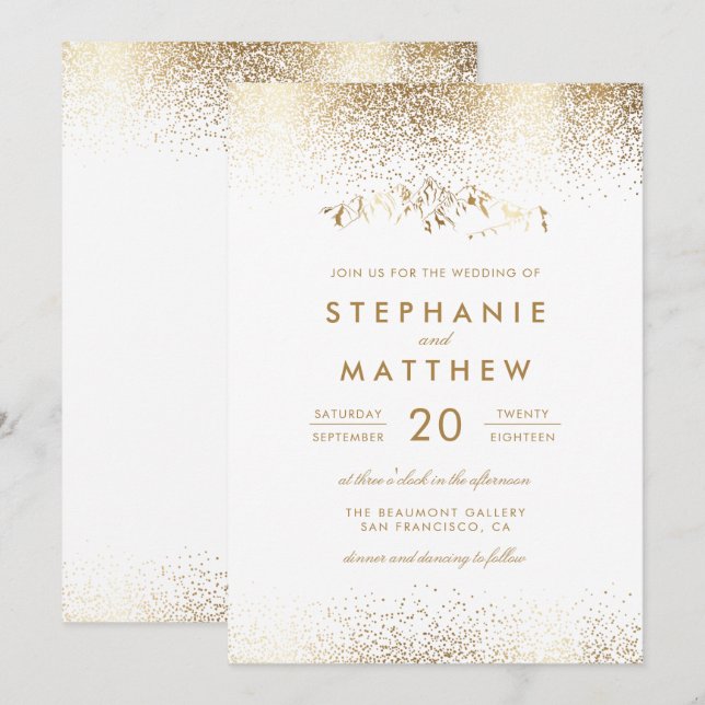 Elegant White & Gold Confetti Mountain Wedding Invitation (Front/Back)
