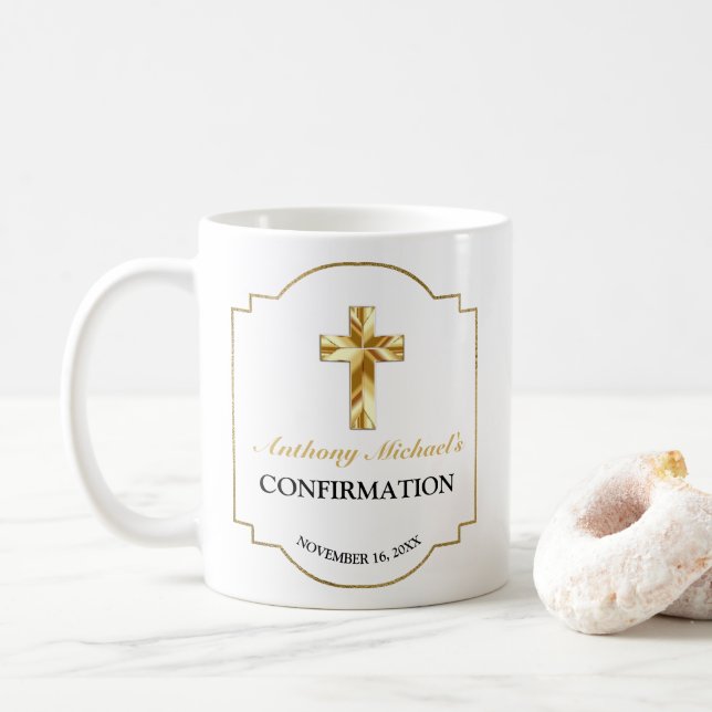 Elegant White Gold Cross Boy's Confirmation Favour Coffee Mug (With Donut)
