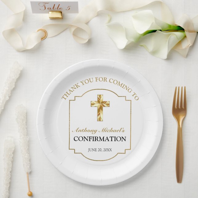 Elegant White Gold Cross Boys Confirmation  Paper Plate (Wedding)
