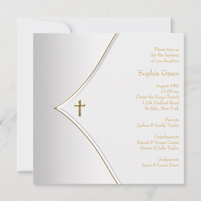 Elegant White Gold Cross Christening Invitation (Front)