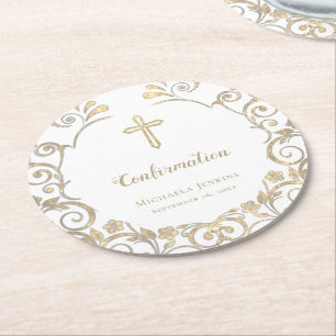 Elegant White Gold Cross Confirmation Round Paper Coaster