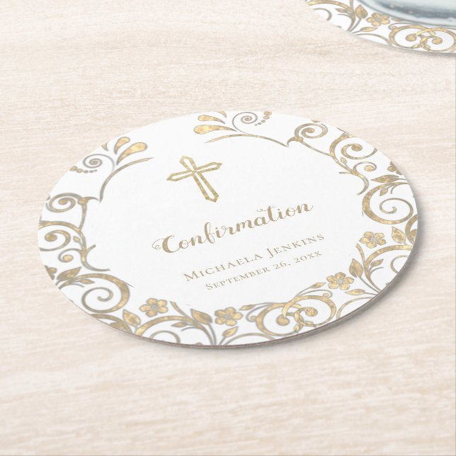 Elegant White Gold Cross Confirmation   Round Paper Coaster (Angled)
