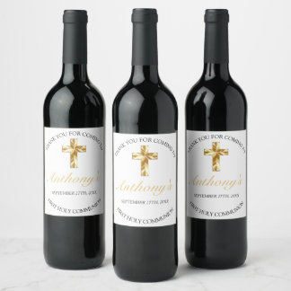 Elegant White Gold Cross First Communion Reception Wine Label