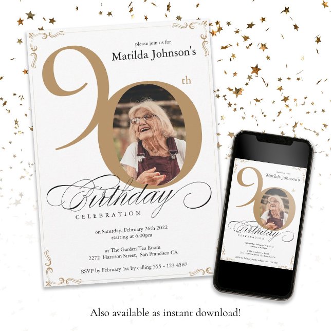 Elegant White Gold Custom Photo 90th Birthday  Invitation (Calligraphy Custom Photo Invitation)