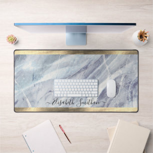 Elegant White Gold Dusty Blue Add Your Name Marble Desk Mat
