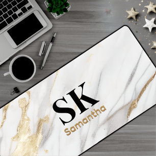 Elegant white gold faux glitter marble desk mat