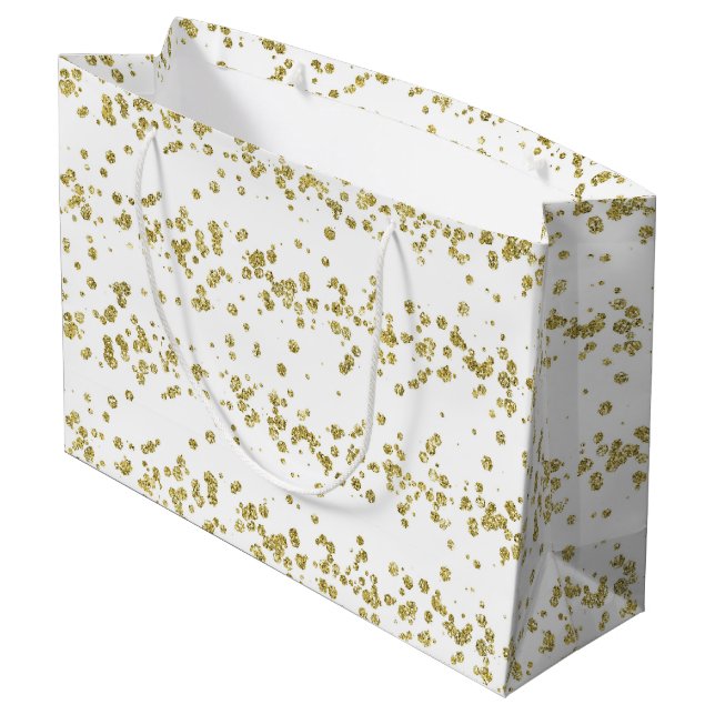 Elegant White & Gold Faux-Glitter Polka Dot Large Gift Bag (Back Angled)
