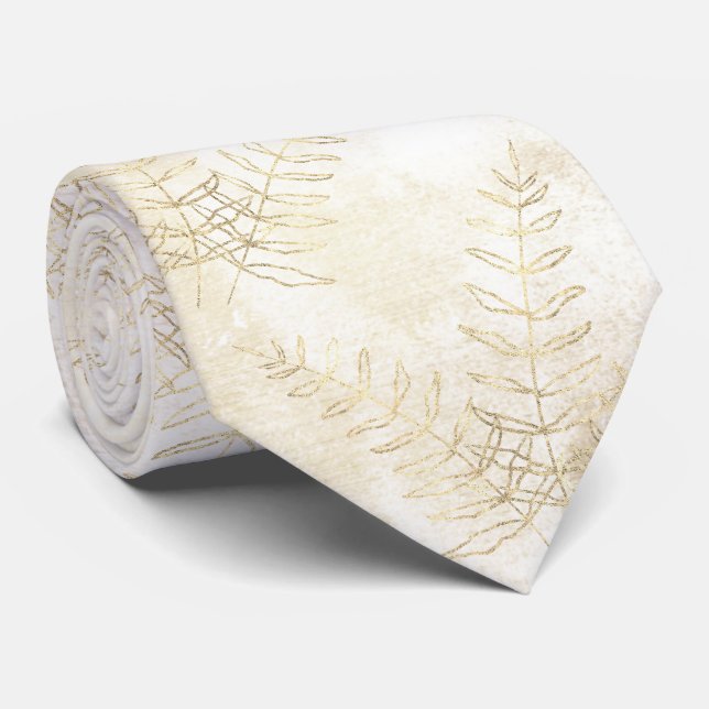 Elegant White & Gold Fern Leaf Wedding  Tie (Rolled)