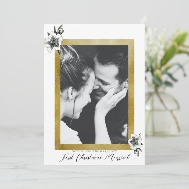 Elegant White Gold First Christmas Married Photo Holiday Card (Standing Front)