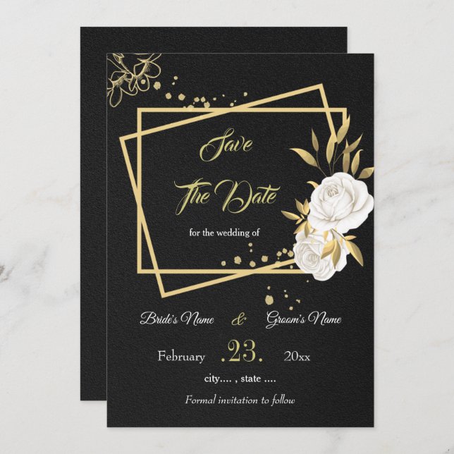 elegant white gold floral black save the date (Front/Back)
