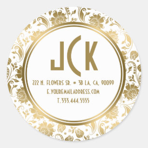 Elegant White & Gold Floral Damasks Pattern Classic Round Sticker
