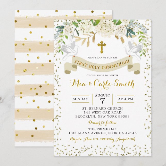 Elegant White Gold Floral First Holy Communion Invitation (Front/Back)