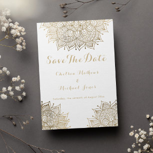 Elegant white gold floral mandala Save The Date Invitation