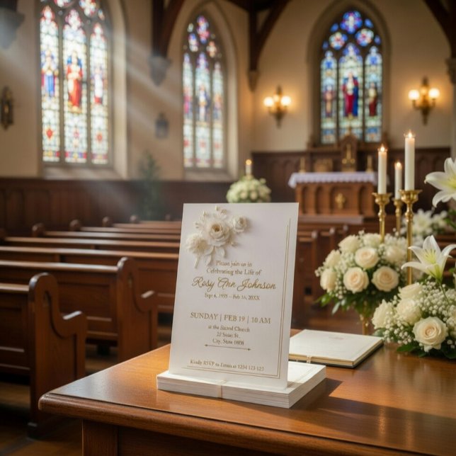 Elegant White & Gold Floral Memorial Invitation  (Creator Uploaded)