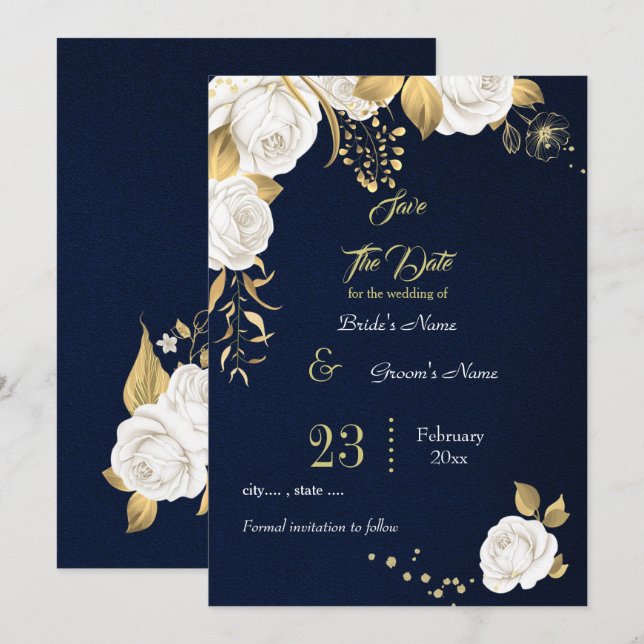 elegant white gold floral navy save the date (Front/Back)