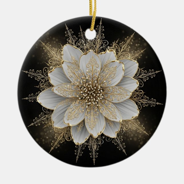 Elegant White & Gold Floral Ornament (Front)