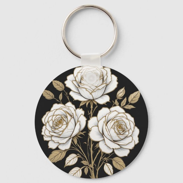 Elegant White & Gold Floral Rose Keychain – Luxury (Front)
