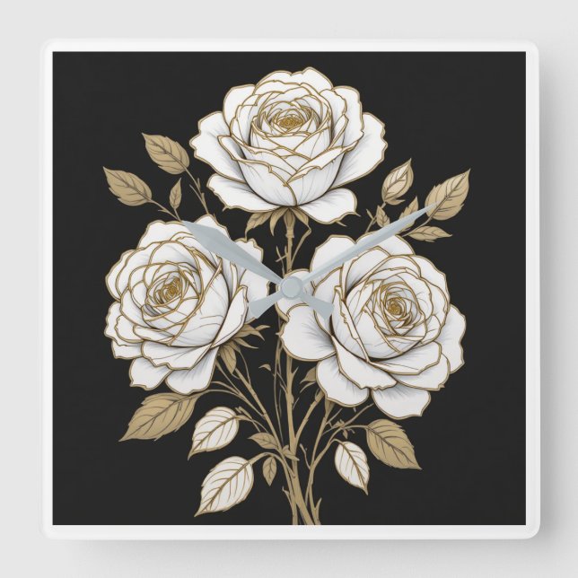 Elegant White & Gold Floral Rose Wall Clock  (Front)