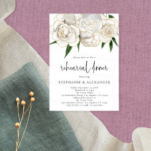 Elegant White Gold Floral Script Rehearsal Dinner Invitation