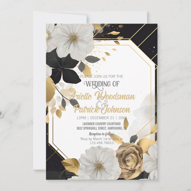 Elegant White Gold Floral Wedding Black Frame  Invitation (Front)