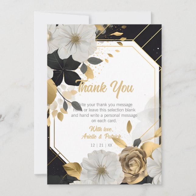 Elegant White Gold Floral Wedding Black Frame  Thank You Card (Front)