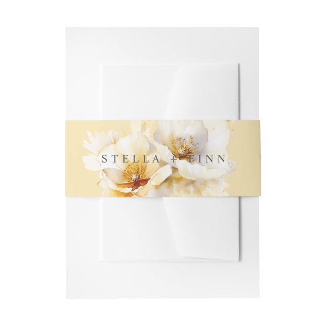 Elegant White Gold Flower Wedding Yellow Invitation Belly Band (Front Example)