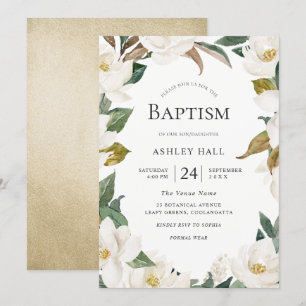 Elegant White Gold Flowers Boy or Girl Baptism Invitation