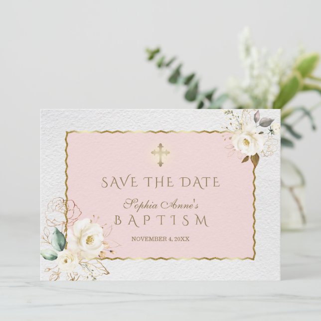 Elegant White Gold Flowers Cross Girl Baptism  Save The Date (Standing Front)