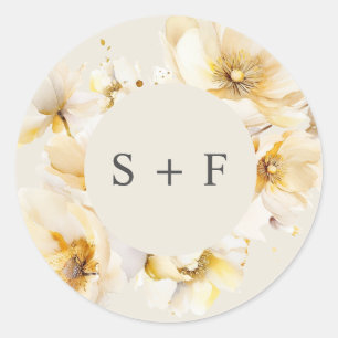 Elegant White Gold Flowers Initials Wedding Classic Round Sticker