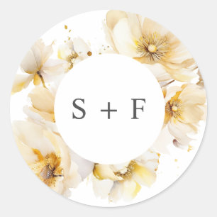 Elegant White Gold Flowers Initials Wedding Classic Round Sticker