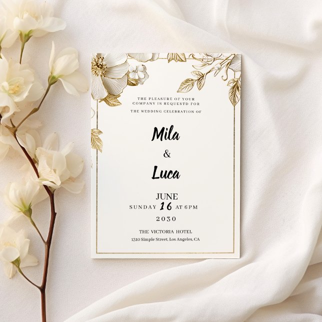 Elegant white gold flowers typography Wedding Invitation (Elegant white gold flowers typography Wedding )