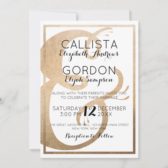 Elegant White Gold Foil Ampersand Border Wedding Invitation (Front)