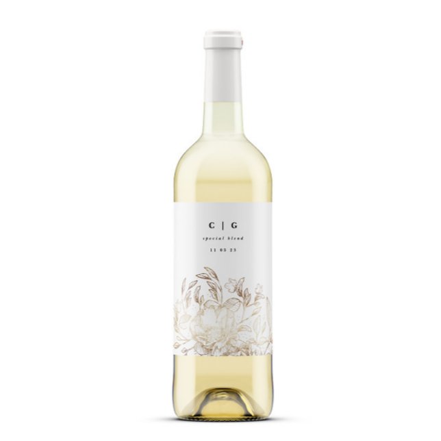Elegant White Gold Foil Botanical Monogram Wedding Wine Label (Creator Uploaded)
