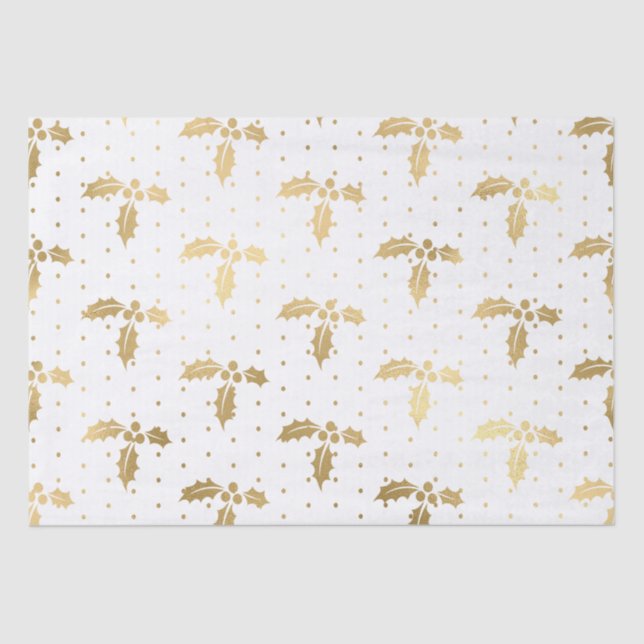 Elegant White & Gold Foil Christmas Holly Pattern Tissue Paper (Front)