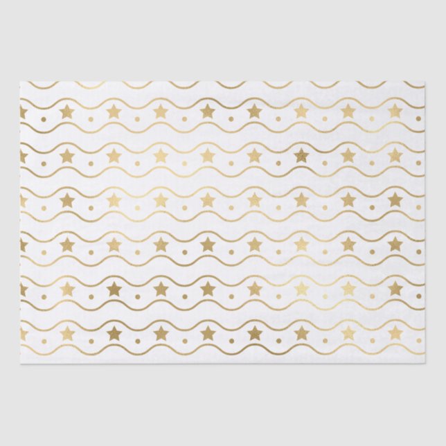 Elegant White & Gold Foil Christmas Stars & Waves Tissue Paper (Front)