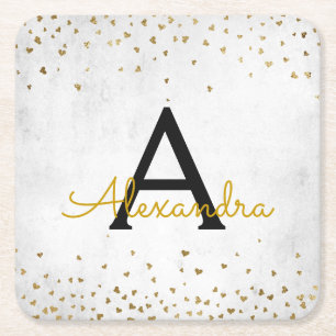 Elegant White - Gold Foil Confetti Monogram Square Paper Coaster