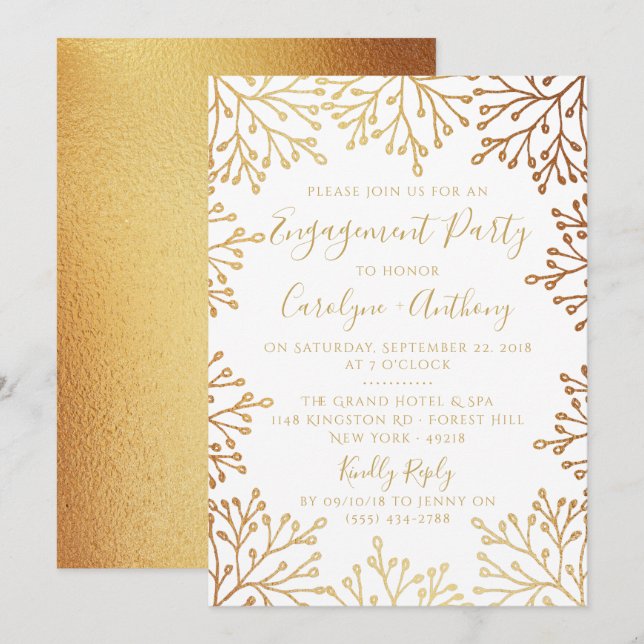 Elegant White & Gold Foil Floral Engagement Party Invitation (Front/Back)