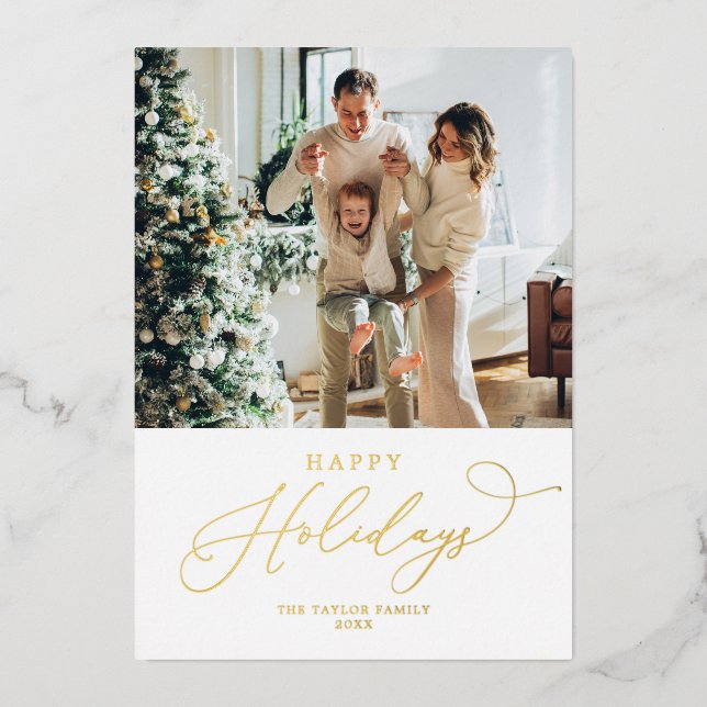 Elegant White Gold Foil Happy Holidays Christmas Foil Holiday Card (Front)