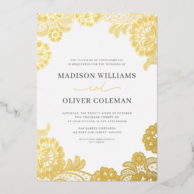 Elegant White + Gold Foil Lace Wedding Real (Front)