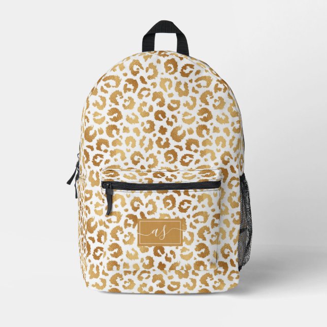 Elegant White Gold Foil Leopard Print Monogrammed Printed Backpack (Front)