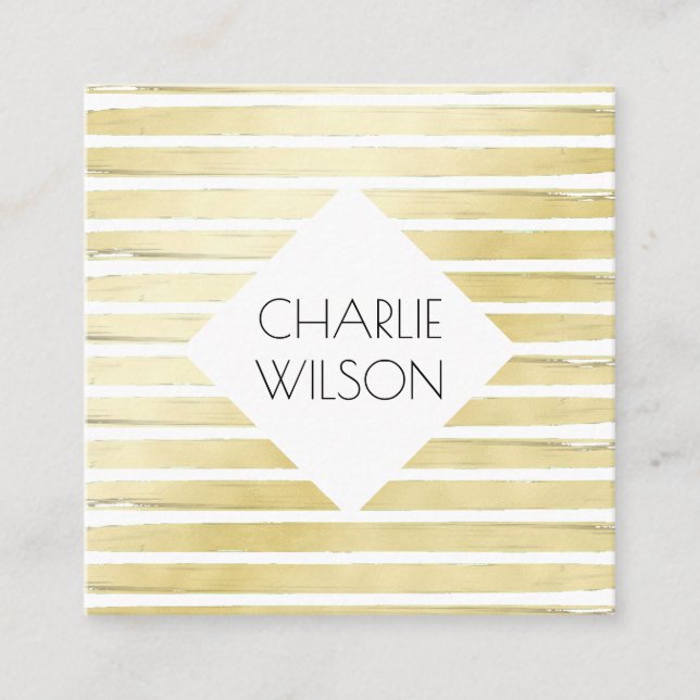 Elegant white gold foil paint striped with frame square business card (Front)