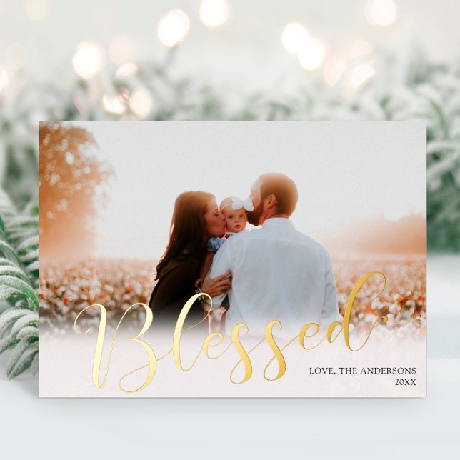 Elegant white gold foil photo Blessed Christmas Foil Holiday Card (Creator Uploaded)