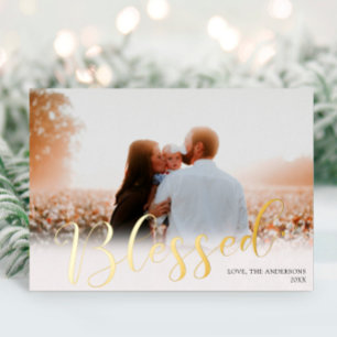Elegant white gold foil photo Blessed Christmas Holiday Card
